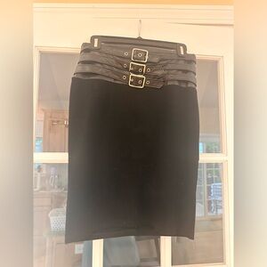 Bebe triple belt, full leather back zipper retro black skirt